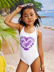 2pcs/Set Young Girl Swimsuit, Tie-Dye Heart Shaped With Adjustable Strap One-Piece Swimsuit & Cover-Up - Purple - View 3