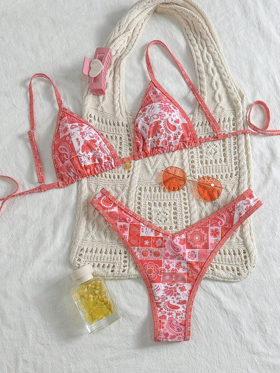 Swim Mod Springbreak 女士随机印花细肩带上衣和高开叉下装两件套比基尼套装，适合度假穿着，可爱泳衣 - 彩色 - 查看 1