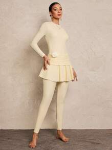 Swim Mulvari 3pcs Women Burkini Set, Long Sleeve Top, Leggings, And Skirt, Tight-Fitting High Elasticity, Fresh Floral Decor, Casual For Beach Party, Beach ResortArabic Clothing For Summer Beach Vacation - Apricot - View 5