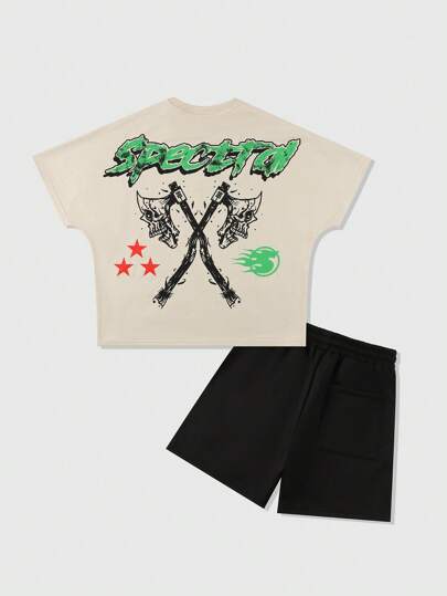 Street Life Men Letter & Skull Graphic Round Neck Short Sleeve T-Shirt With Drawstring Waist Shorts Set