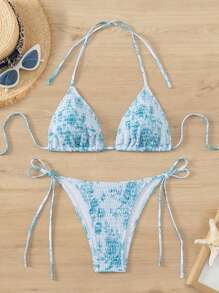 Swim Mod Floral Print Bikini Beach Swimwear Set, Vacation For Summer - Blue - View 3