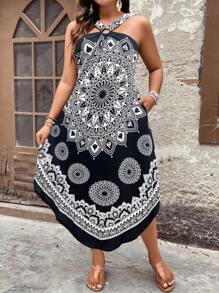 SHEIN Clasi Plus Size Curved Hem Halter Neck Dress Maxi Women Outfit