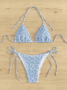 Swim Mod Springbreak Beach Ditsy Floral Bandeau Bikini Swimwear For Summer Beach Vacation - Blue and White - View 4