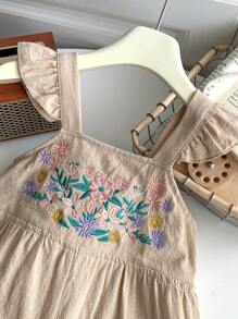 SHEIN LMoss Kids LMoss Kleine Mädchen Einfarben gewebter ärmelloser Jumpsuit mit Stickerei, lässiger weiter Schnitt mit Trägern