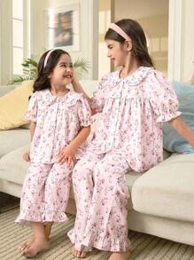 SHEIN Leap Crew Young Girls Floral Pattern Ruffle Collar Puff Sleeve Buttoned Top And Pajama Pants Cute Sweet Loungewear Set, 2 Pieces (2 Sets Sold Separately) - Multicolor - View 1