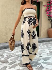 SHEIN 孕妇宽松露肩抹胸和阔腿裤两件套，休闲度假 - 卡其色 - 查看 3