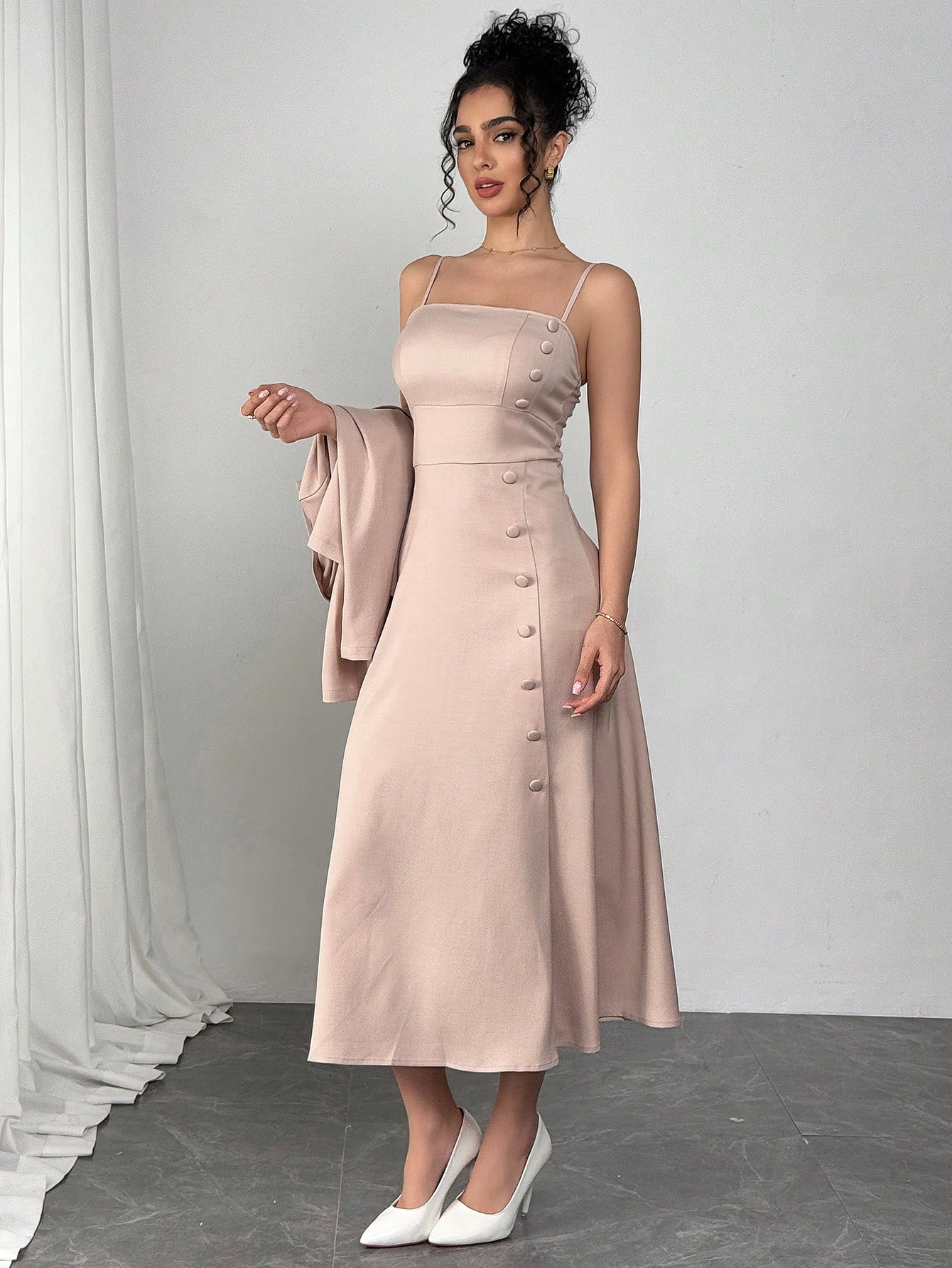 Modelyn فستان قميص زراعي بلون وردي فاتح + بليزر ضي...