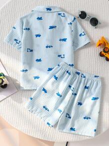 SHEIN 2pcs/Set Young Boy Stripe Car Pattern Short Sleeve Polo Collar Shorts Home Wear Set - Baby Blue - View 2