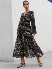 Aveloria Modichic European Retro Palace Random Floral Rose Print Shirred Puff Sleeve Long Sleeve Shirred Waist Maxi A-Line Dress For Women Fall Cloth For Women