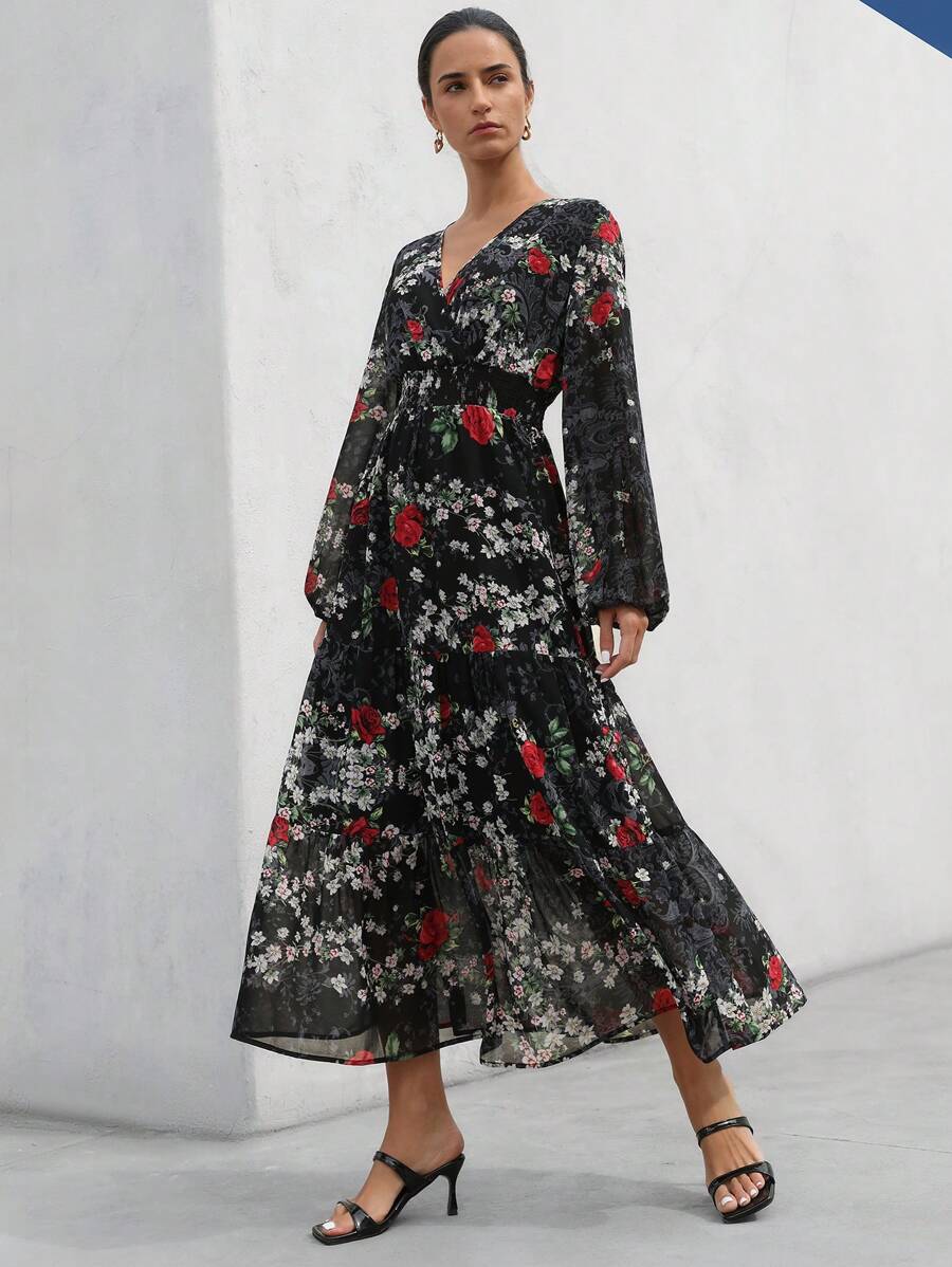 Aveloria Modichic European Retro Palace Random Floral Rose Print Shirred Puff Sleeve Long Sleeve Shirred Waist Maxi A-Line Dress For Women Fall Cloth For Women