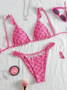 SHEIN Swim 2pcs/Set Women's Summer Random Floral Print Spaghetti Strap Frill Beach Vacation Bikini Swimwear - Pink - View 1