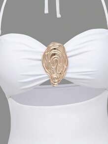 Swim Oasis Spring Break 2pcs Women Summer Solid Color Metal Decor Detachable Straps Cut-Out One Piece Swimsuit And Beach Maxi Skirt Set - White - View 4