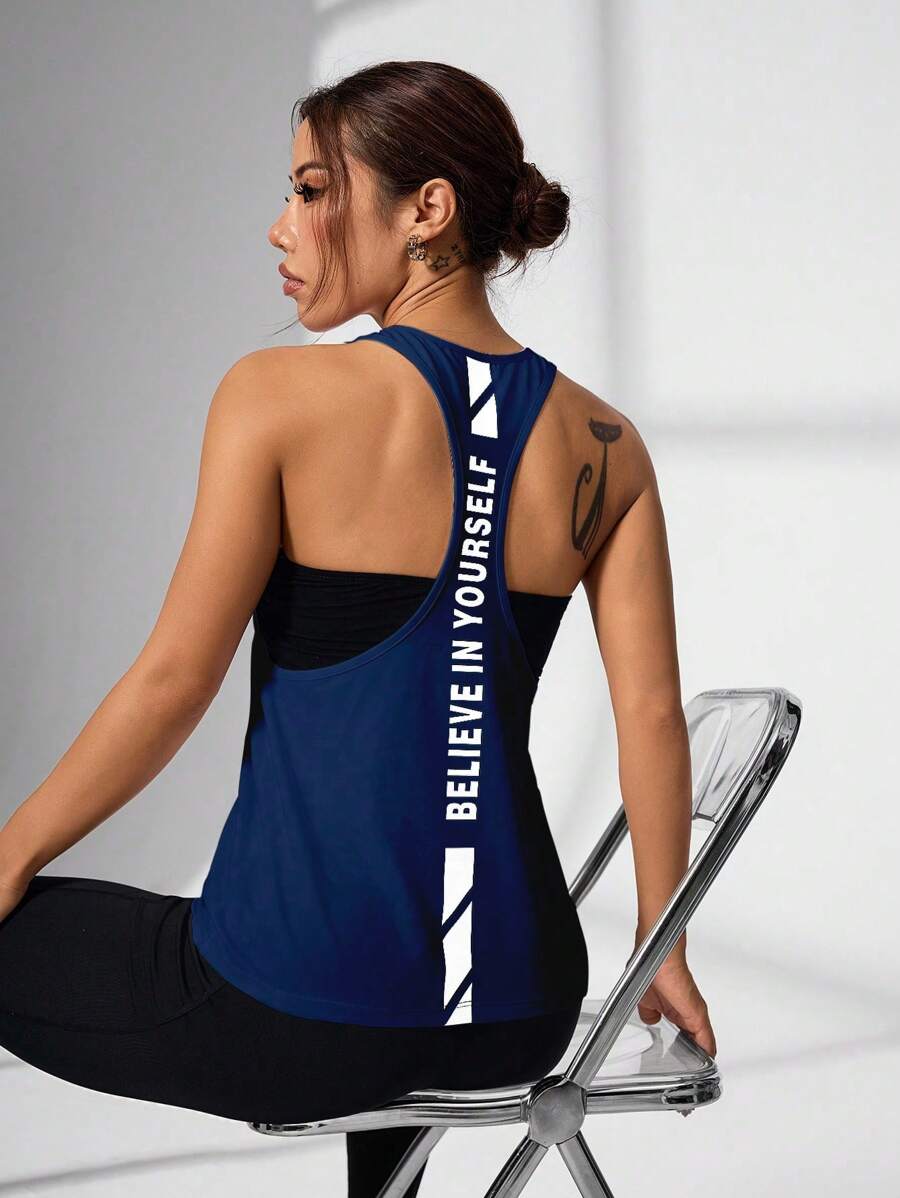 Gameset SHEIN Sport Women's Letter Print Daily Fitness Racerback Tank Top - Navy Blue - View 1