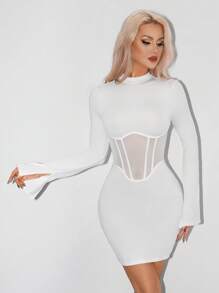 SHEIN ICON Mock Neck Mesh Insert Bodycon Black Dress