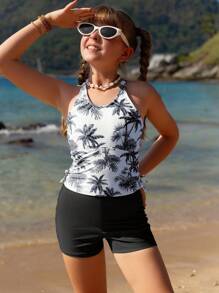 SHEIN WESTFADE Young Tween Girl Palm Tree Print Casual Tankini Swimwear Set, Random Print