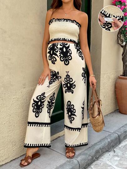 SHEIN Maternity Loose Strapless Tube Top And Wide Leg Pants 2 Pieces Set, Casual Vacation Summer Outfits For Women