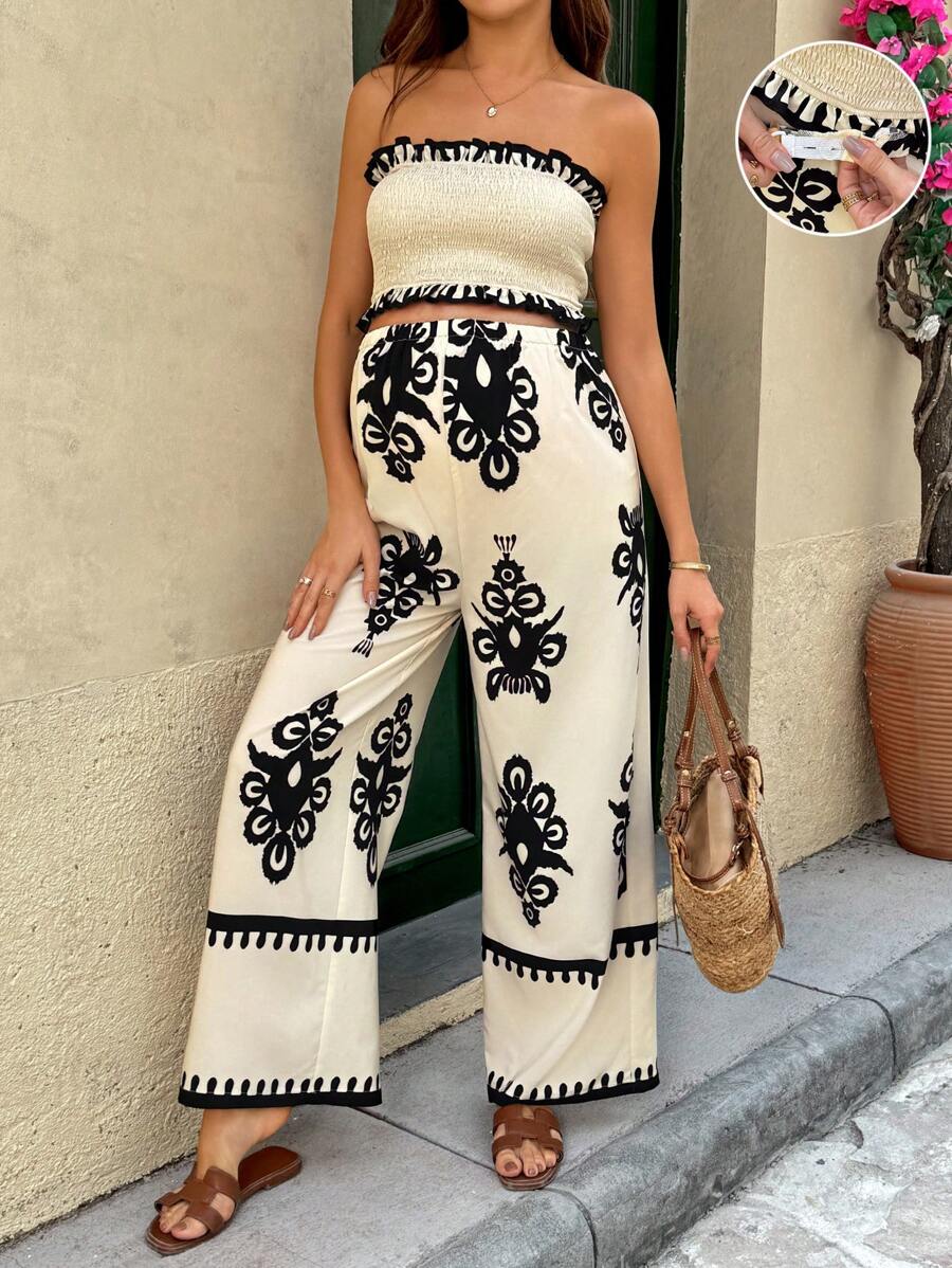 SHEIN 孕妇宽松露肩抹胸和阔腿裤两件套，休闲度假 - 卡其色 - 查看 1