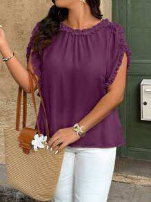 Plus Size Women's Casual Solid Color Ruffle Trim Short Sleeve Loose Blouse - Purple - View 3