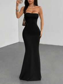 Flirla Combinaison longue noire dos nu à taille croisée et coupe sirène, très élastique, douce, confortable, à la mode, élégante et sexy, adaptée aux femmes au printemps/été - Noir - Voir 2