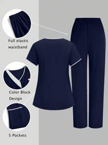 TaskEZ Two-Tone Splice Short Sleeve Top And Pants Scrub Uniform Set