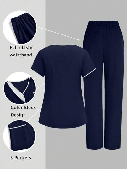TaskEZ Ensemble uniforme de blouse à manches courtes et pantalon à épissure bicolore