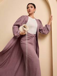 Graceveil Effen kleur damesjack met bubbelmouwen en gedraaid ontwerp, knielange rok in Arabische stijl