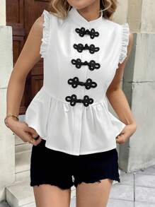 Chiquease Nueva camisa de estilo chino con cuello mao, ajustado y sin mangas - Blanco - Ver 4
