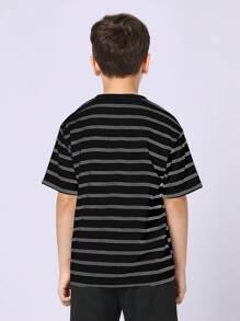SUMWON 青年休闲条纹 T 恤圆领经典宽松夏季短袖基本款街头服饰日常上衣青少年休闲装 - 黑色 - 查看 2