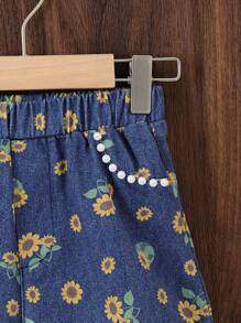 Conjunto informal de 2 piezas para niñas: Top de cuello redondo blanco con flores 3D de perlas y shorts efecto denim, nuevas llegadas de verano