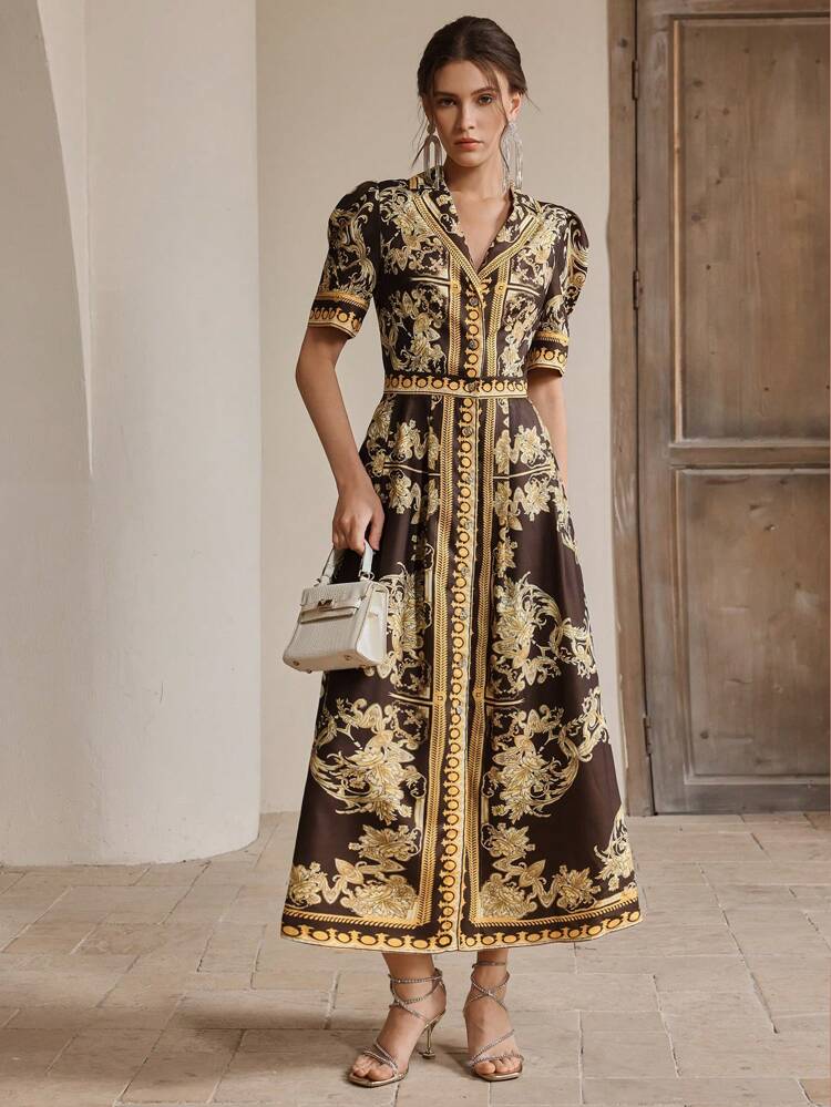 Fashionable Palace Style Printed Lapel Single-Breasted Cinched Waist Elegant Dress For Women, Festival, Going Out, Vacation Outfits Dresses For Women Spring Women Clothing Dresses