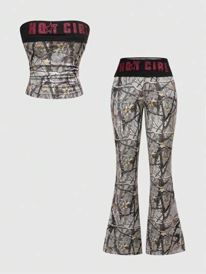Set di 2 pezzi da donna composto da pantaloni a zampa a vita bassa in stile mimetico e canotta corta, in stile Y2K
