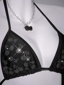 SHEIN ICON Top de bikini de mujer con cuello de halter y adornos de rhinestone, para el verano y las vacaciones en la playa