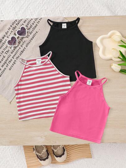 小女孩三件套：纯色针织无袖毛衣 & 条纹针织无袖毛衣