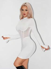 SHEIN ICON Mock Neck Mesh Insert Bodycon Black Dress