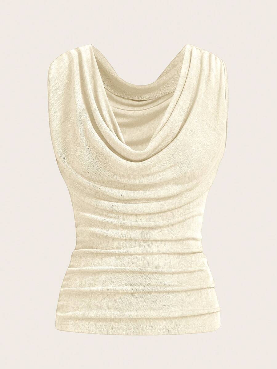 SHEIN ICON Áo ba lỗ cổ bẻ xếp ly đơn giản đa năng cho nữ - Màu be - Xem 1