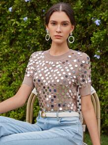 Anewsta Elegant Novelty Embellished Sequin Knit Short Sleeve Sweater, Spring/Summer Casual - Khaki - View 7