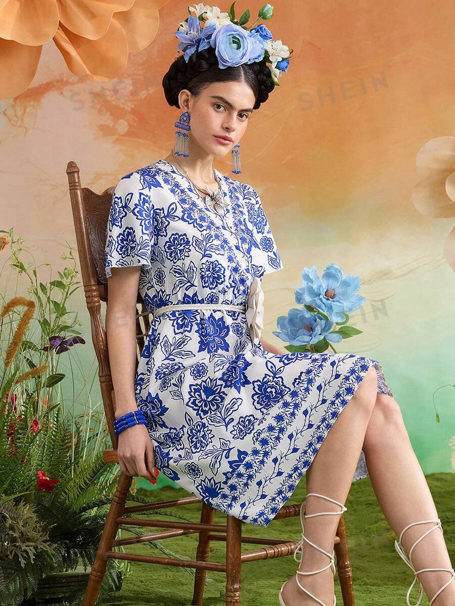 Frida Kahlo X SHEIN Vestido informal de mujer con cuello en V y estampado floral, para el verano