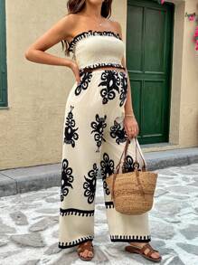 SHEIN 孕妇宽松露肩抹胸和阔腿裤两件套，休闲度假 - 卡其色 - 查看 4