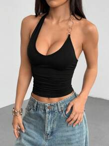 StreetHx 女式黑色金属链装饰 V 领露背吊带背心上衣，简约休闲日常百搭简约设计，春夏 - 黑色 - 查看 5