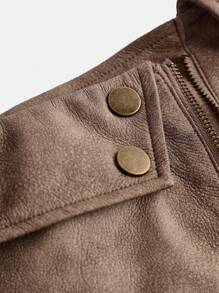 SHEIN TEENGIRL American Vintage PU Leather High Waist A-Line Mini Skirt, Design-Focused Unique Style, Slim Flattering For Petite, Streetwear, Autumn/Winter - Khaki - View 3