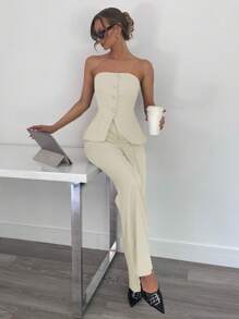 Siren Gaze 女士抹胸套装，灰色办公室套装，女性商务装，女士夏装，女士秋冬工作服 - 杏色 - 查看 1