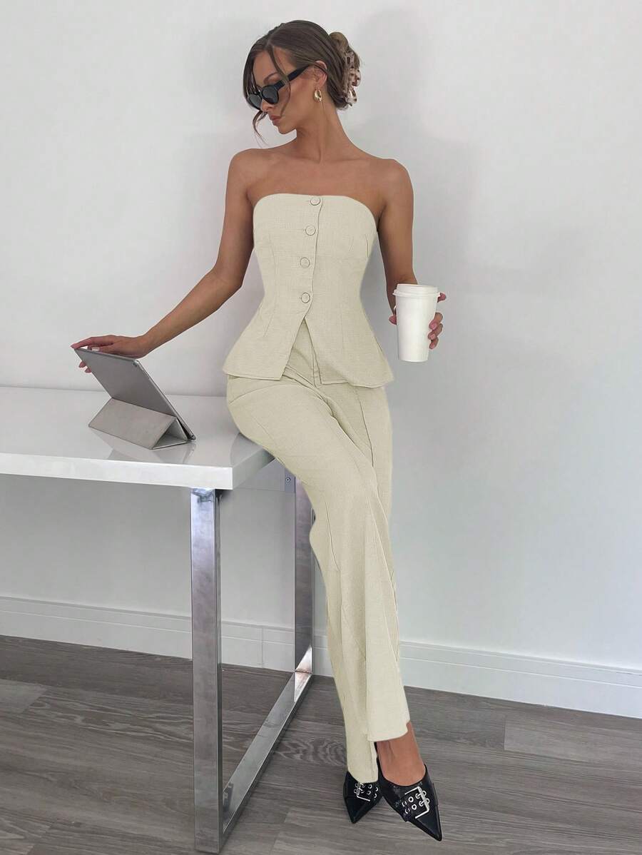 Siren Gaze 女士抹胸套装，灰色办公室套装，女性商务装，女士夏装，女士秋冬工作服 - 杏色 - 查看 1