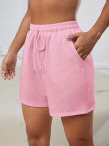 SHEIN Cheerettes Casual Solid Color Drawstring Waist Sports Shorts Sweater Shorts - Pink - View 2