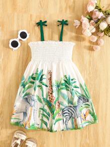SHEIN Playful Pals 1pc Young Girls Adjustable Strap Cropped Tank Dress, High Waisted Pleated Skirt With Giraffe & Zebra Animal Print, Casual Versatile Summer Dress