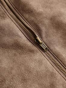 SHEIN TEENGIRL American Vintage PU Leather High Waist A-Line Mini Skirt, Design-Focused Unique Style, Slim Flattering For Petite, Streetwear, Autumn/Winter - Khaki - View 4