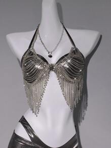 Sweetina Women's Fashionable & Sexy Rhinestone Fringe Backless Halter Crop Top, Suitable For Music Festival And Nightclub For Summer Beach Vacation Spring Outfits For Women Summer Concert Outfit Women Easter Women St Patrick Day Outfit