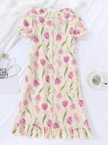 1pc Tween Girls Tulip Printed Bubble Sleeves Casual Nightgown Pajama Set,Summer,Travel - Multicolor - View 2