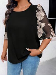 SHEIN LUNE Plus Size Women Floral Print Semi-Sheer Round Neck Loose Casual Blouse - Black - View 5
