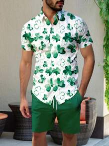 Manfinity Homme Heren Casual Clover Print Korte Mouw Enkelrijs Shirt En Shorts Set Voor Vakantie