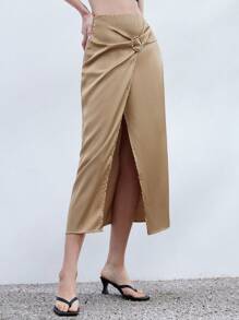 SHEIN Privé High-Quality Elegant Metal Ring Belt Ruched High Waist Side Slit Design Long Skirt Fall Cloth For Women